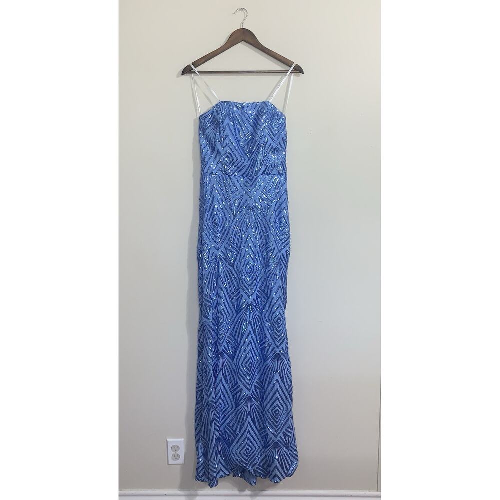 Speechless Women's Juniors Blue Sequin Thigh-Slit Strapless Gown Dress Size 13